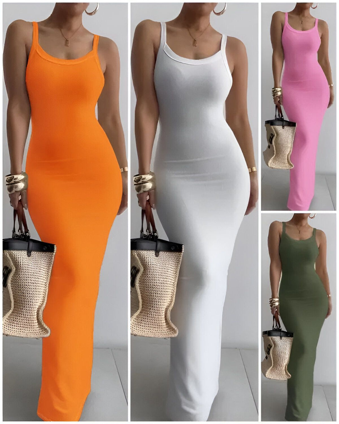 Une image de quatre femmes portant des robes moulantes de différentes couleurs. Les robes sont orange, blanche, rose et verte. Les femmes sont toutes grandes et minces. Elles portent toutes des sandales et tiennent un sac à main.