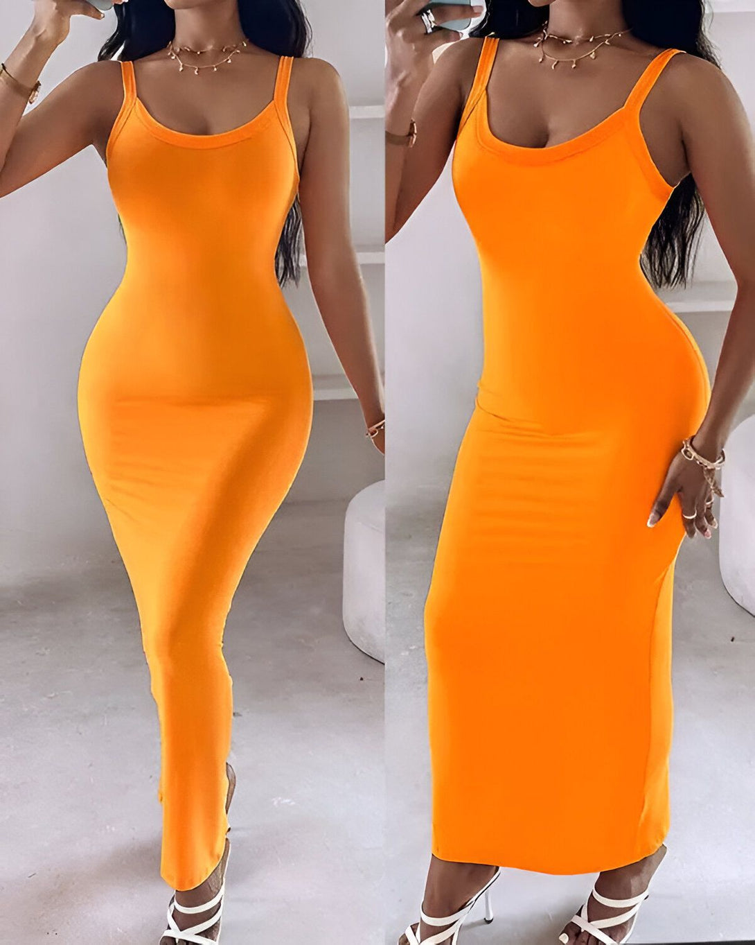 Une femme porte une robe orange moulante longue. La robe est près du corps et a une encolure carrée. La femme est debout et prend une photo d'elle-même dans un miroir.