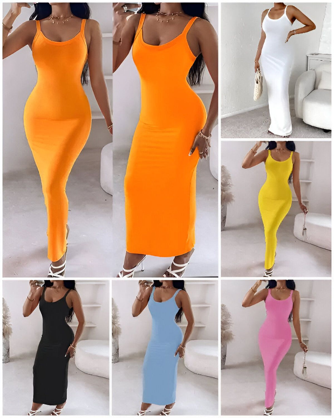 Une image de cinq femmes portant des robes moulantes de différentes couleurs. Les robes sont orange, jaune, blanc, noir, bleu clair et rose. Les femmes ont des poses différentes et sont toutes souriantes.