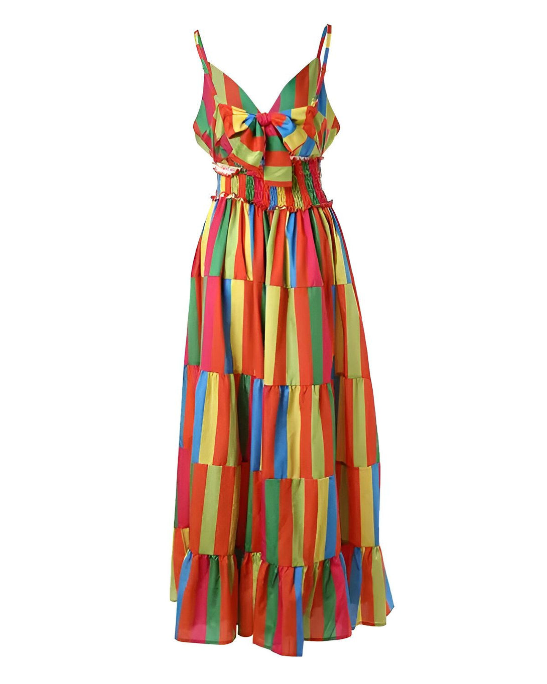 Une robe longue et colorée à fines bretelles. La robe est composée de rayures verticales de différentes couleurs, avec un nœud papillon à la taille.