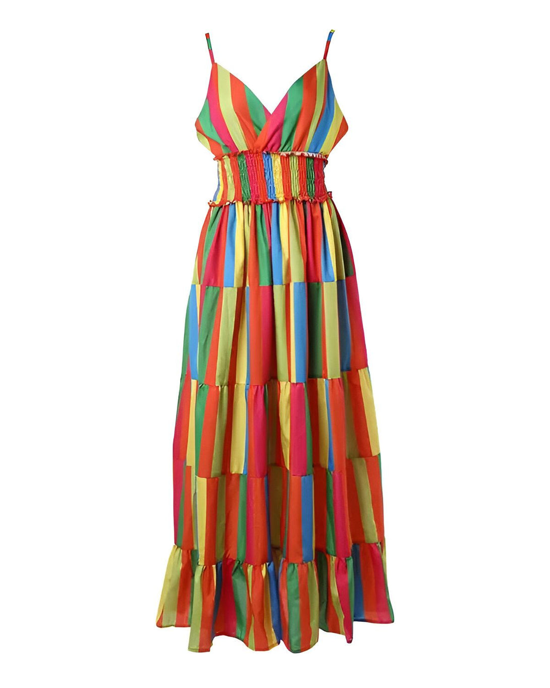 Une robe longue et colorée à fines bretelles. La robe est à rayures verticales et a un élastique au niveau de la taille.