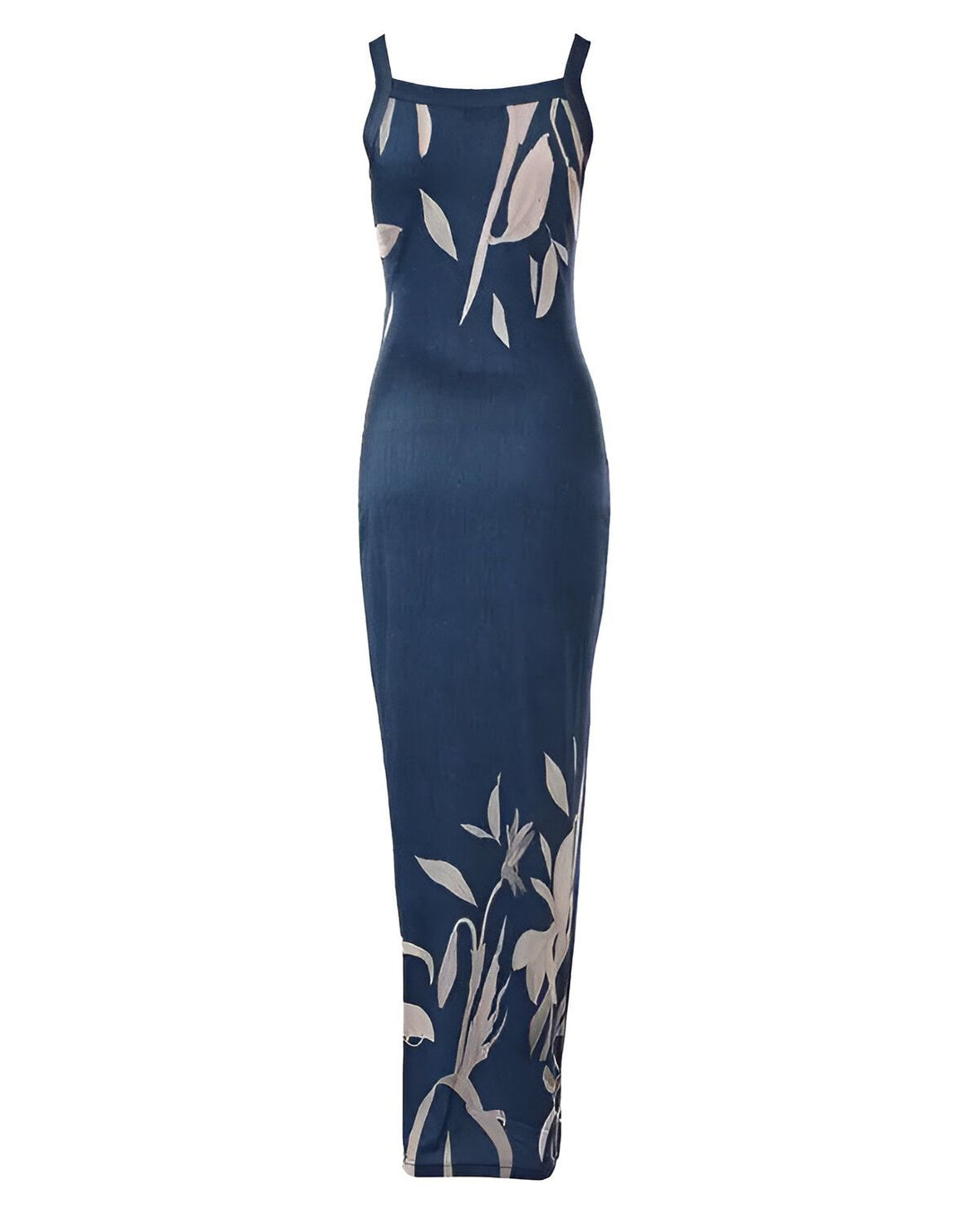 Une robe longue bleu marine moulante à fines bretelles. La robe est fendue sur le côté et possède un imprimé de feuilles tropicales blanches et grises.
