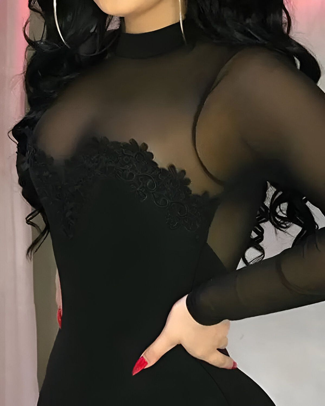 Une femme porte une robe noire transparente avec des broderies florales.