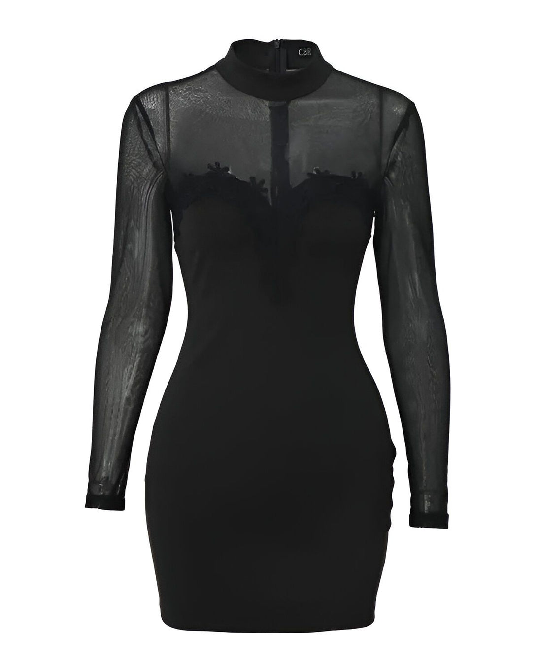 Une robe moulante noire avec des manches longues en résille et des détails en dentelle sur le devant.