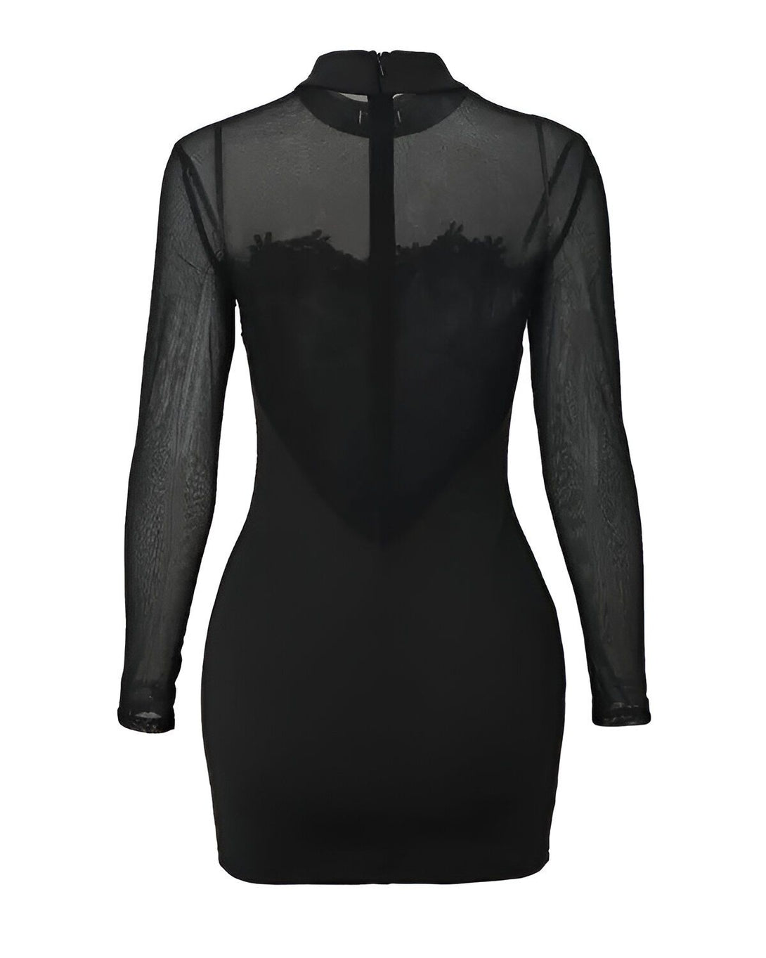 Une robe moulante noire avec des manches longues en résille transparente.