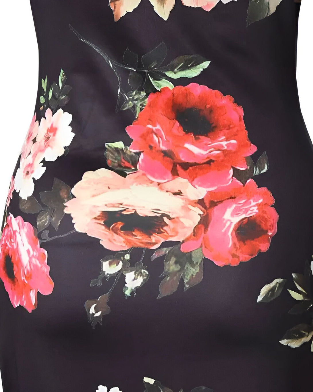 Une image d'une robe noire avec des fleurs rouges et roses.