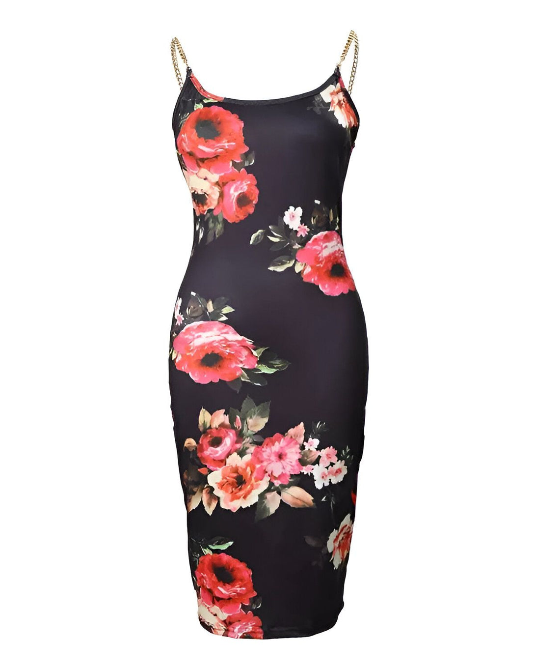 Une robe moulante noire à motifs floraux rouges et roses. Les bretelles sont fines et dorées.