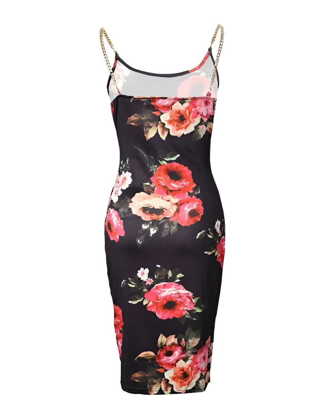 Une robe moulante noire à motifs floraux rouges et roses avec des bretelles en chaîne dorée.
