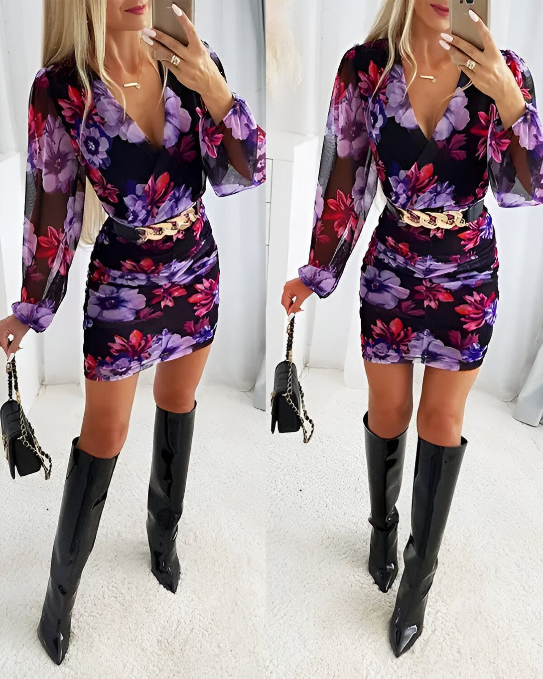 Une femme porte une robe moulante à fleurs violettes et noires. La robe a un décolleté en V et des manches longues. Elle porte également des bottes noires et un collier avec un pendentif en forme de chaîne.