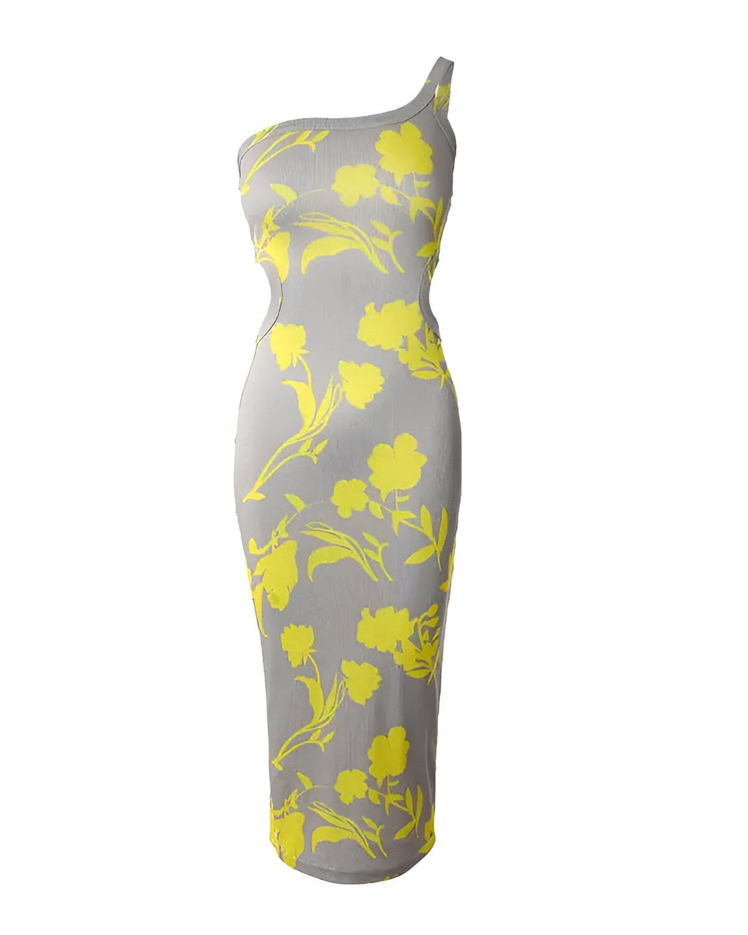 Une robe moulante gris clair à motif floral jaune citron. La robe est à une épaule et a une fente sur le côté.