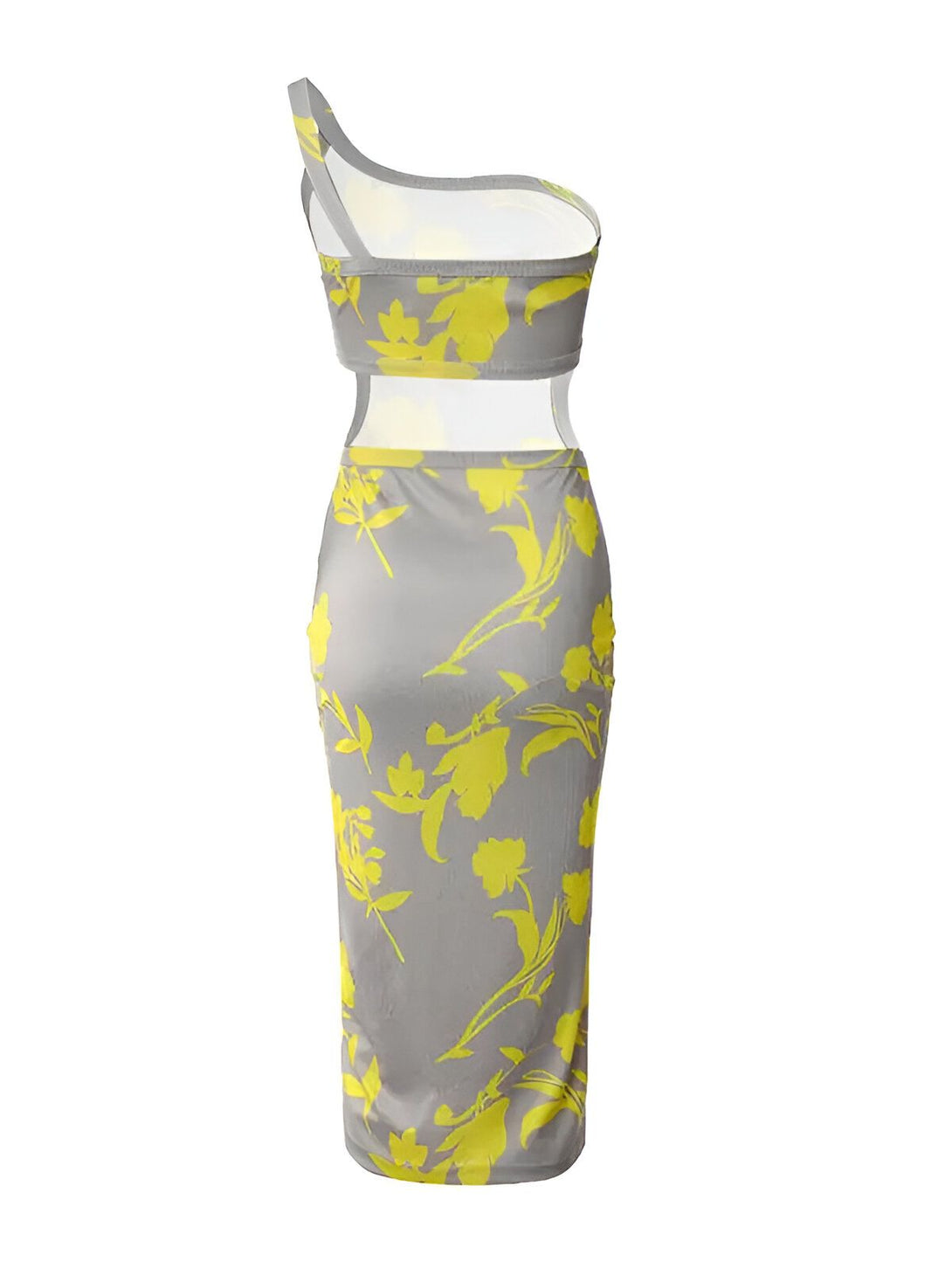 Une robe longue moulante grise avec des fleurs jaunes. La robe est fendue sur le côté et possède une seule bretelle.