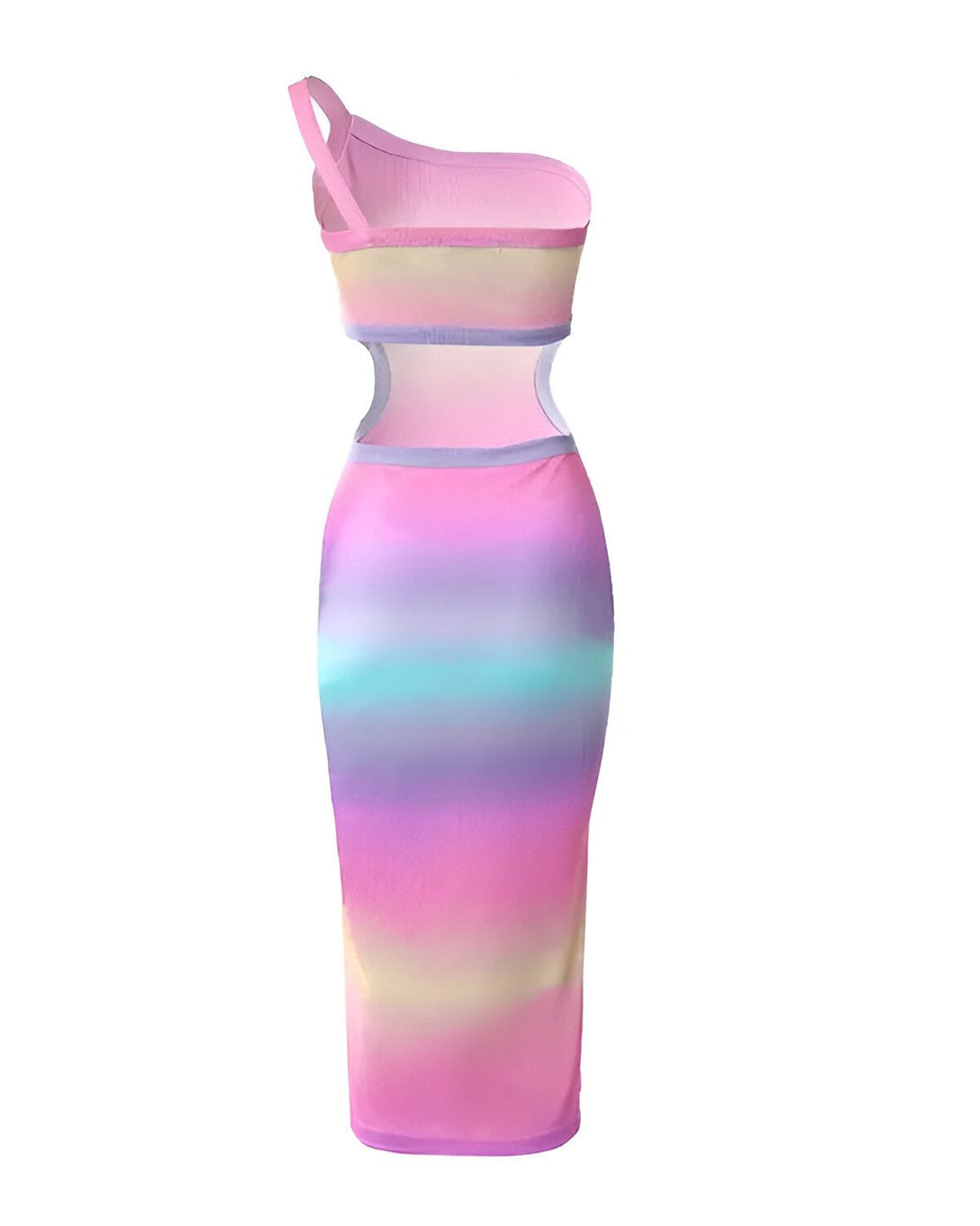 Une robe longue et moulante avec une seule manche et une découpe au niveau de la taille. La robe est de couleur rose et mauve avec un dégradé de couleurs.