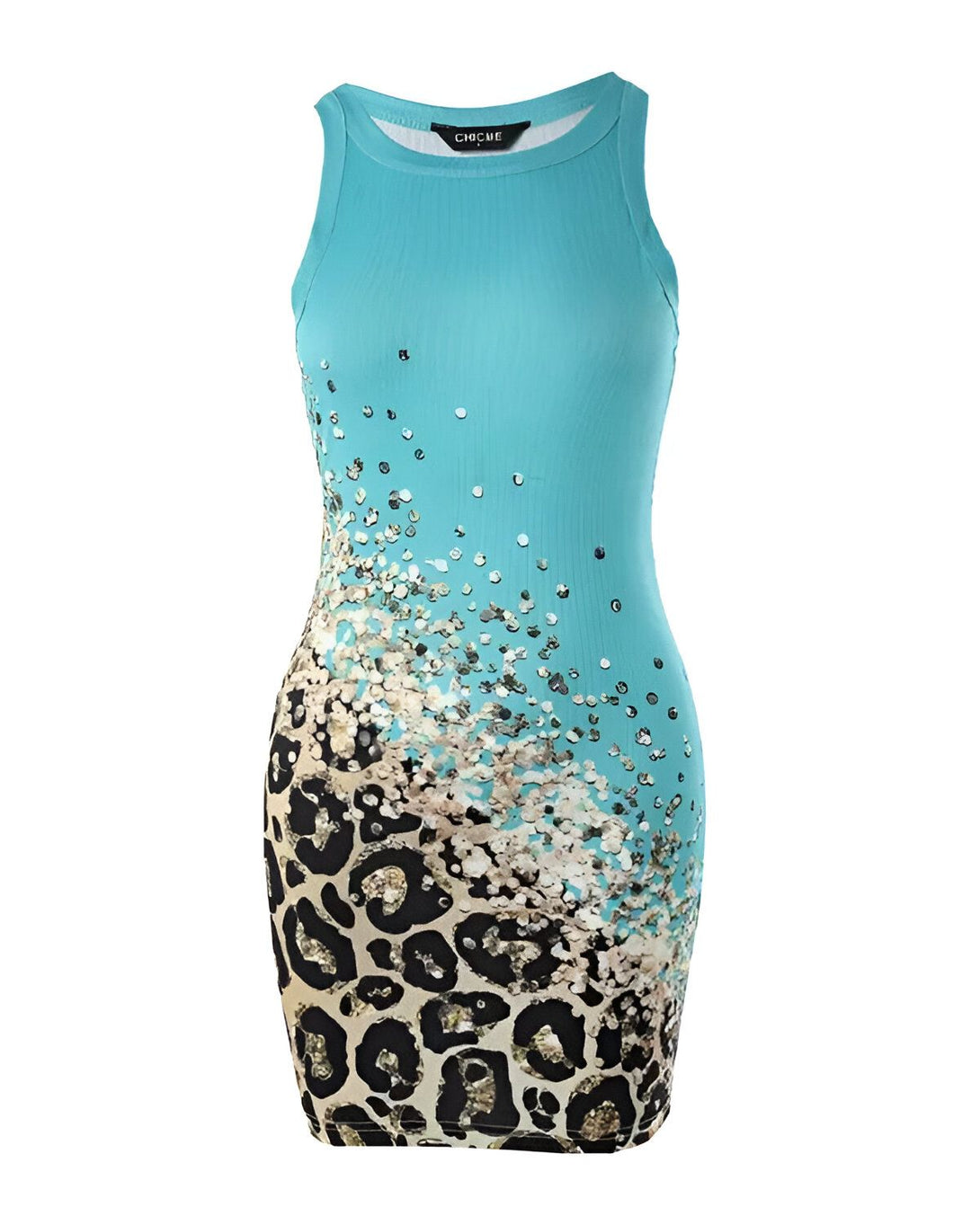 Une robe moulante turquoise avec un motif léopard marron et noir.