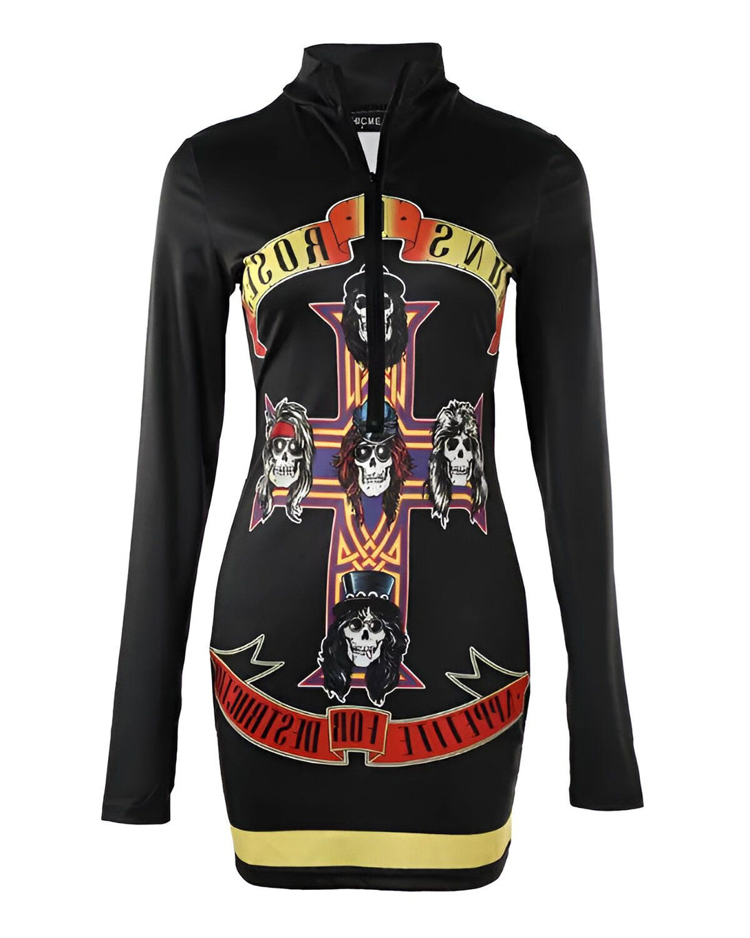 Une robe noire moulante à manches longues avec une fermeture éclair sur le devant. L'image représente le groupe de rock Guns N' Roses.