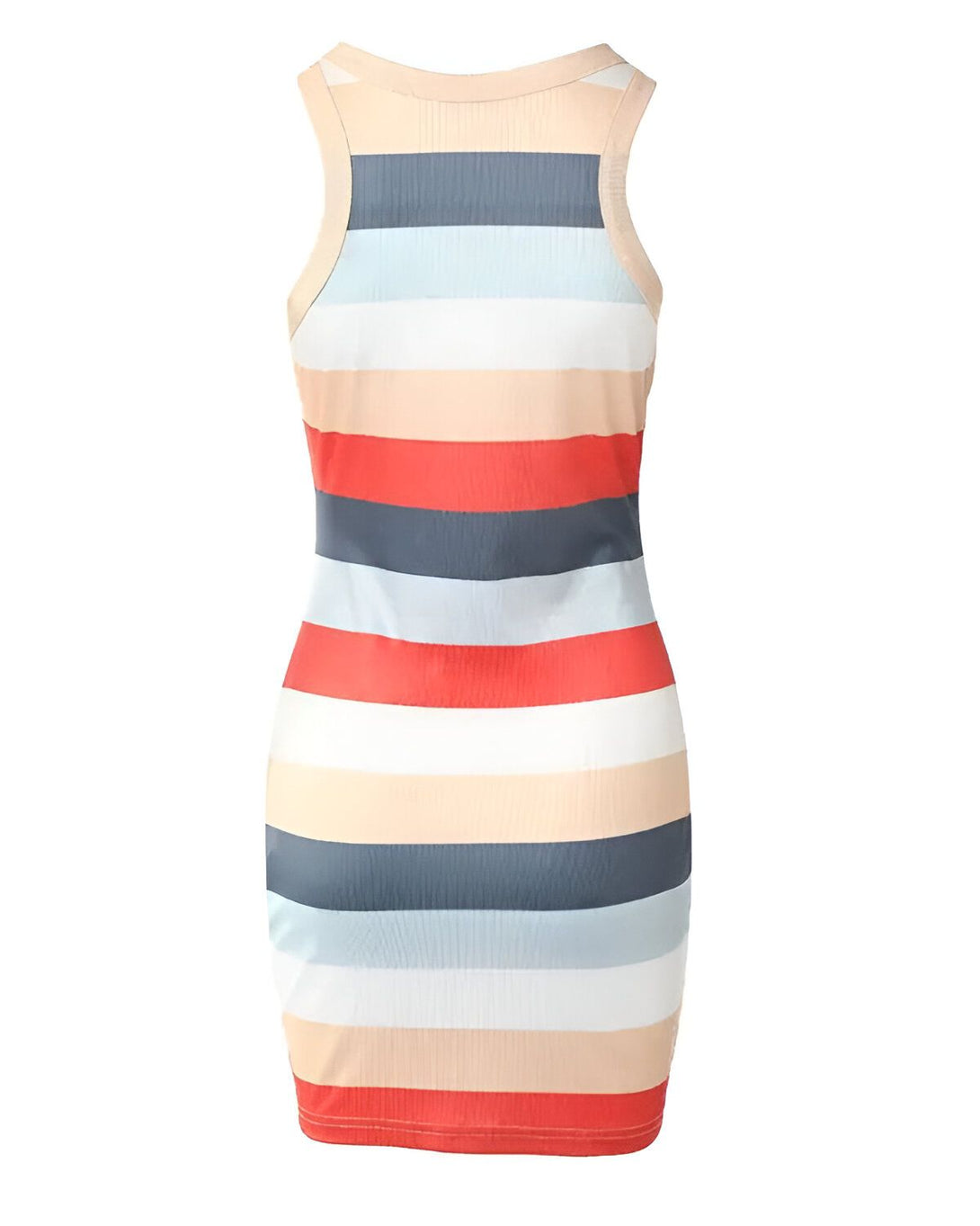 Une robe moulante sans manches à rayures horizontales multicolores.