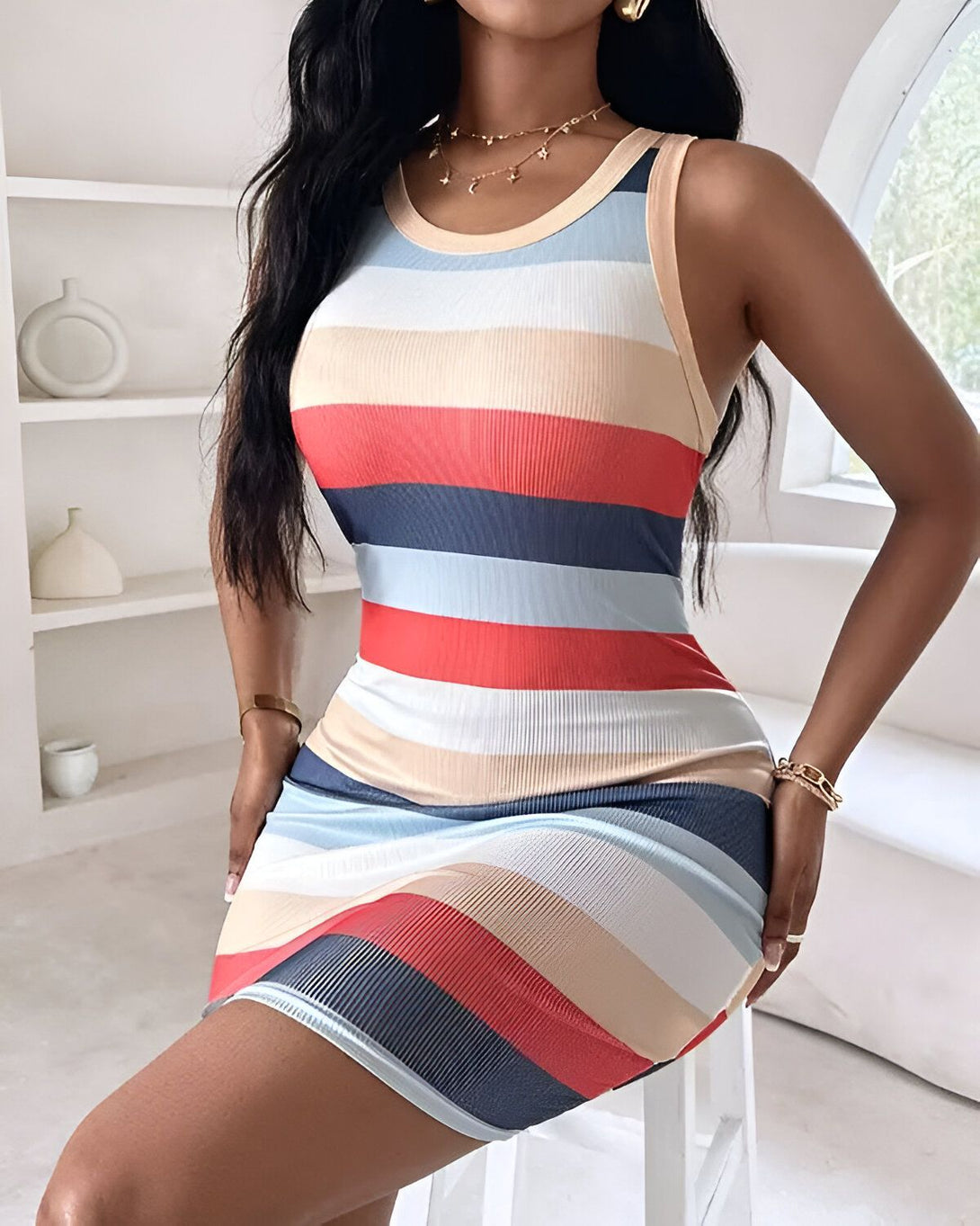 Une femme porte une robe moulante à rayures horizontales multicolores. La robe est courte et s'arrête au-dessus du genou. La femme est debout et a les mains sur les hanches. Elle a les cheveux longs et noirs et porte un collier.