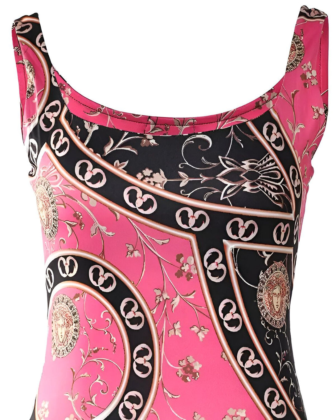 Une image d'un maillot de bain une pièce rose avec un motif floral et des bretelles fines.