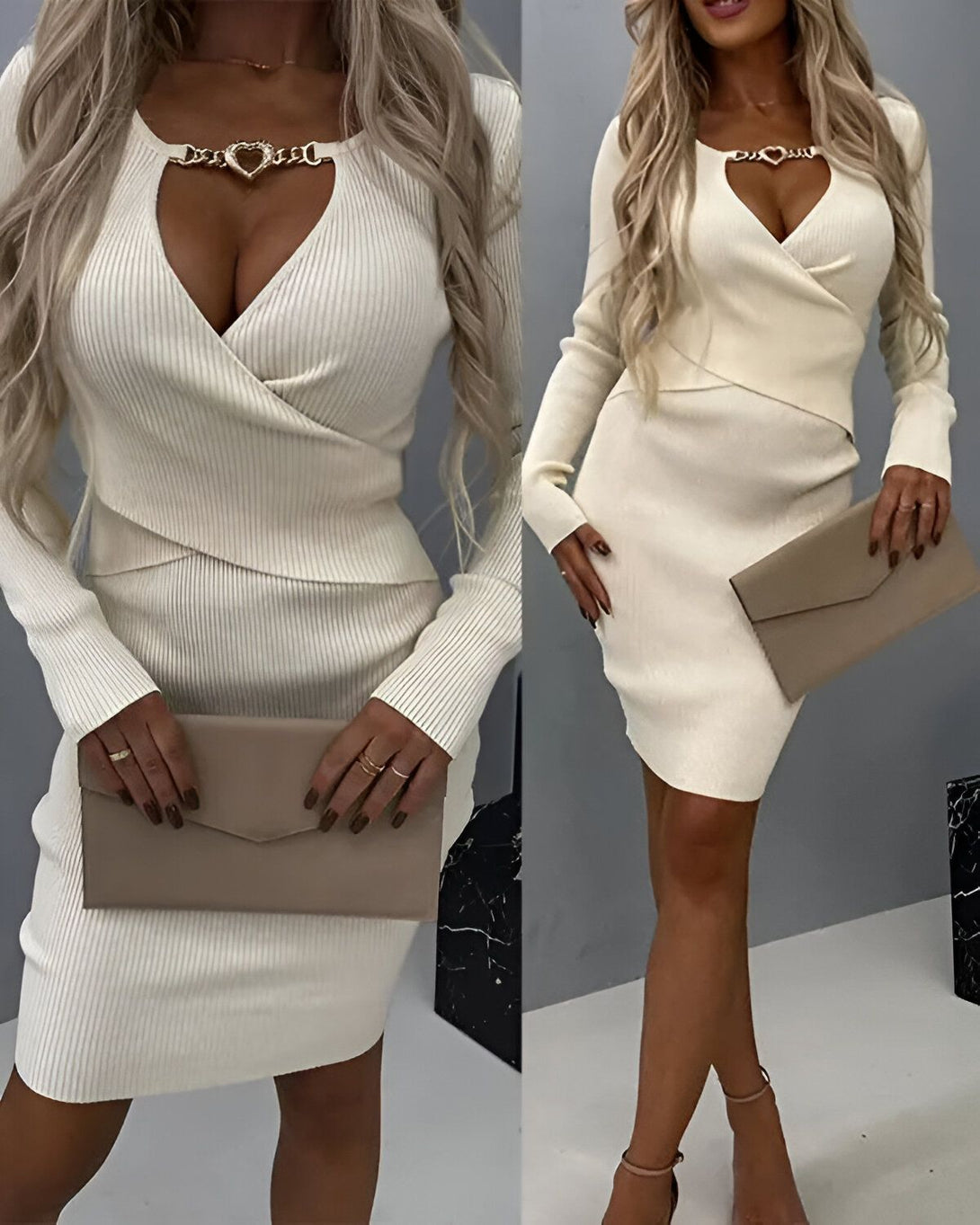 Une femme porte une robe blanche moulante avec un décolleté en V et des manches longues. La robe est ouverte sur le devant et fermée par une chaîne en forme de cœur. La femme porte également des escarpins beiges et une pochette beige.