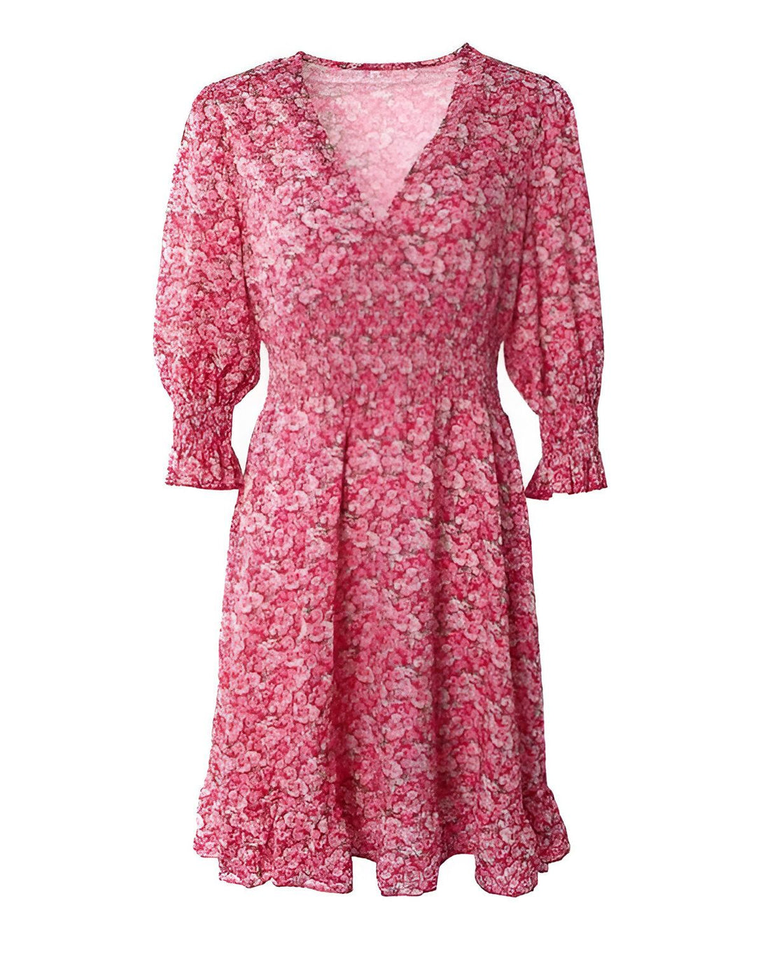 Une robe rose à fleurs avec un col en V et des manches bouffantes.
