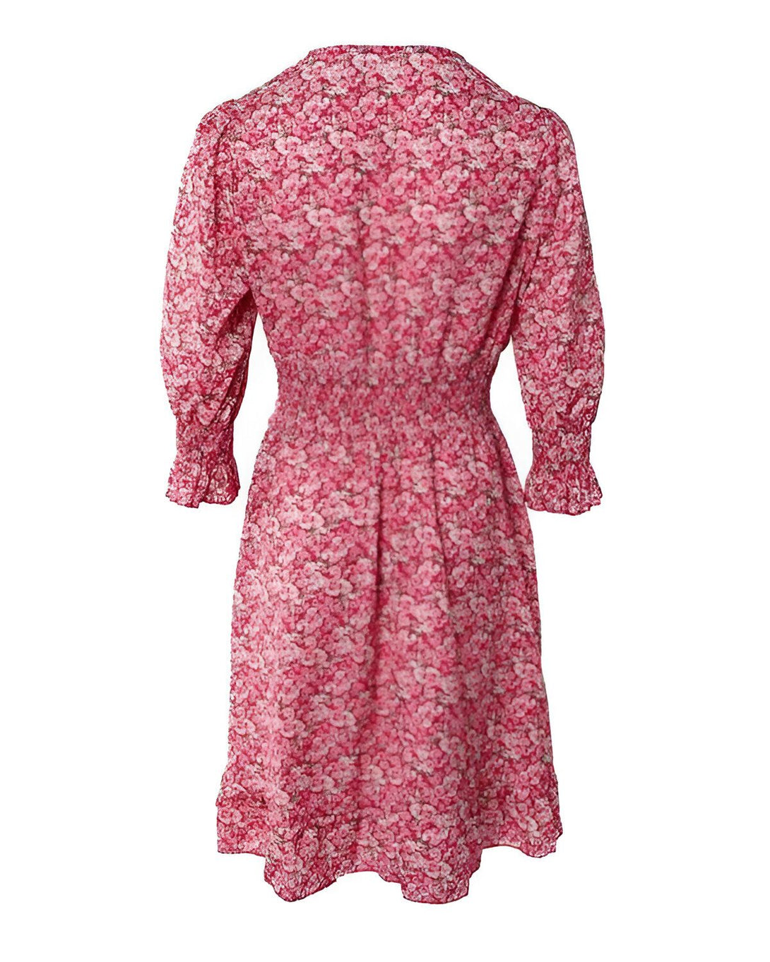 Une robe rose à motif floral avec des manches bouffantes et une taille froncée.