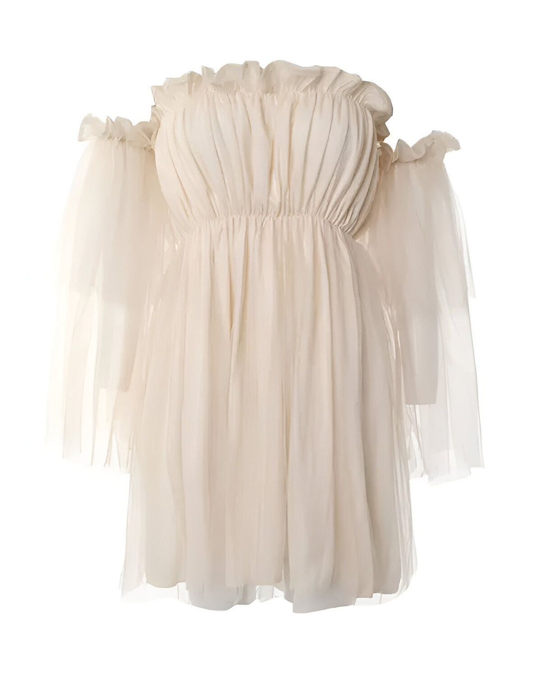 Une robe bustier en tulle ivoire avec des manches bouffantes.