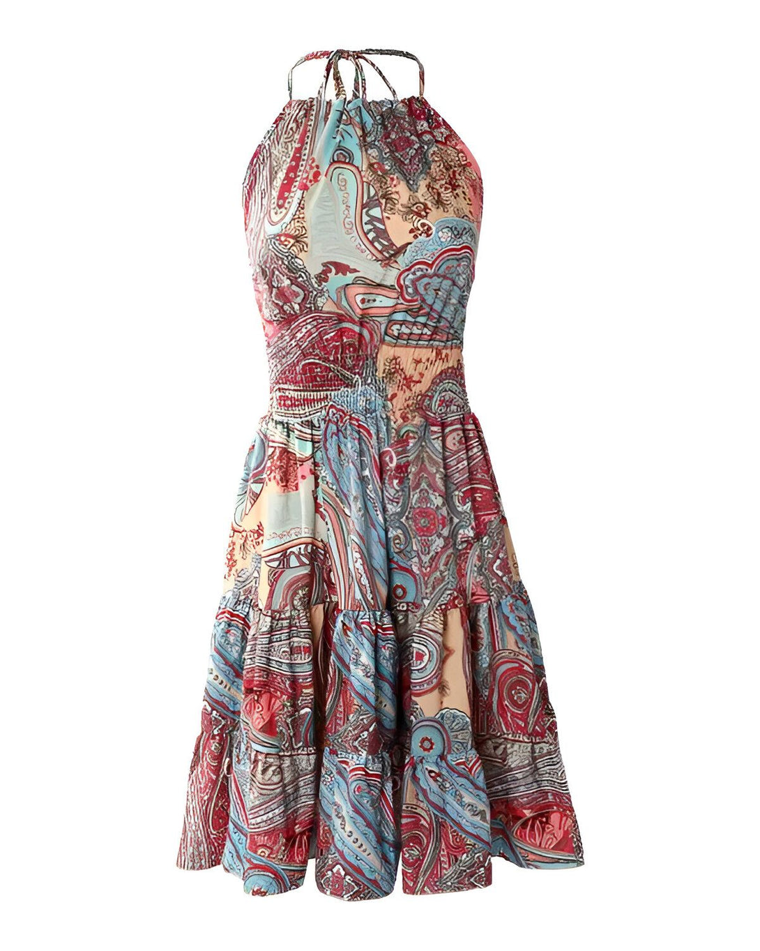 Une robe trapèze courte à bretelles, avec un motif cachemire coloré.