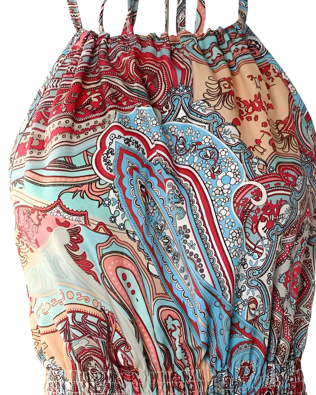 Une image d'une robe d'été colorée avec un motif cachemire. La robe est dos nu et possède un lien à nouer au niveau du cou.