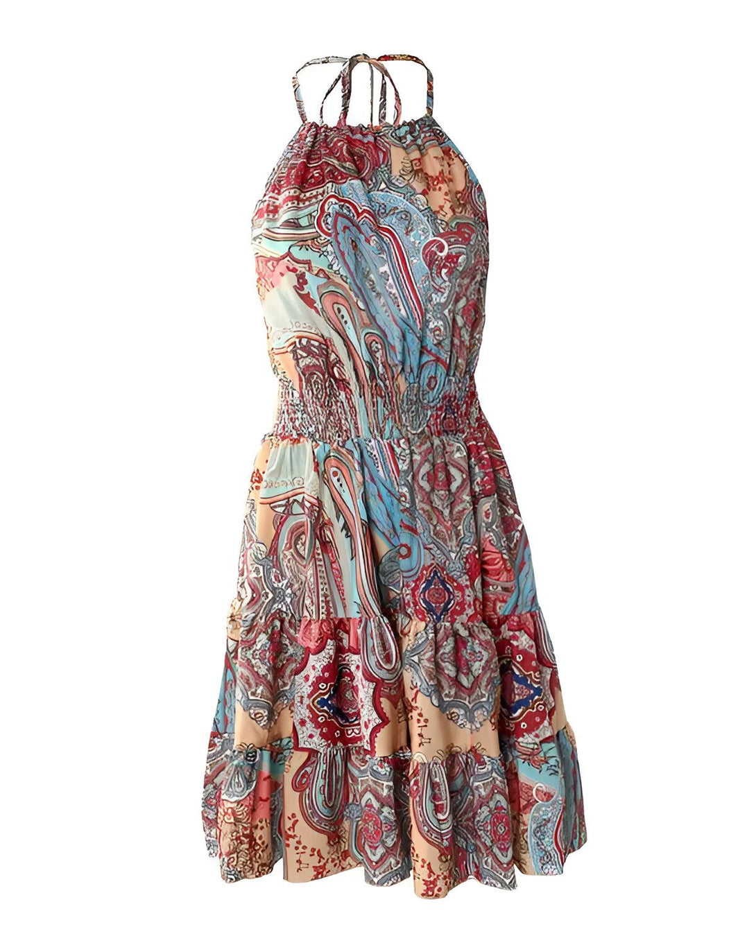 Une robe trapèze courte à bretelles, avec un motif cachemire coloré.