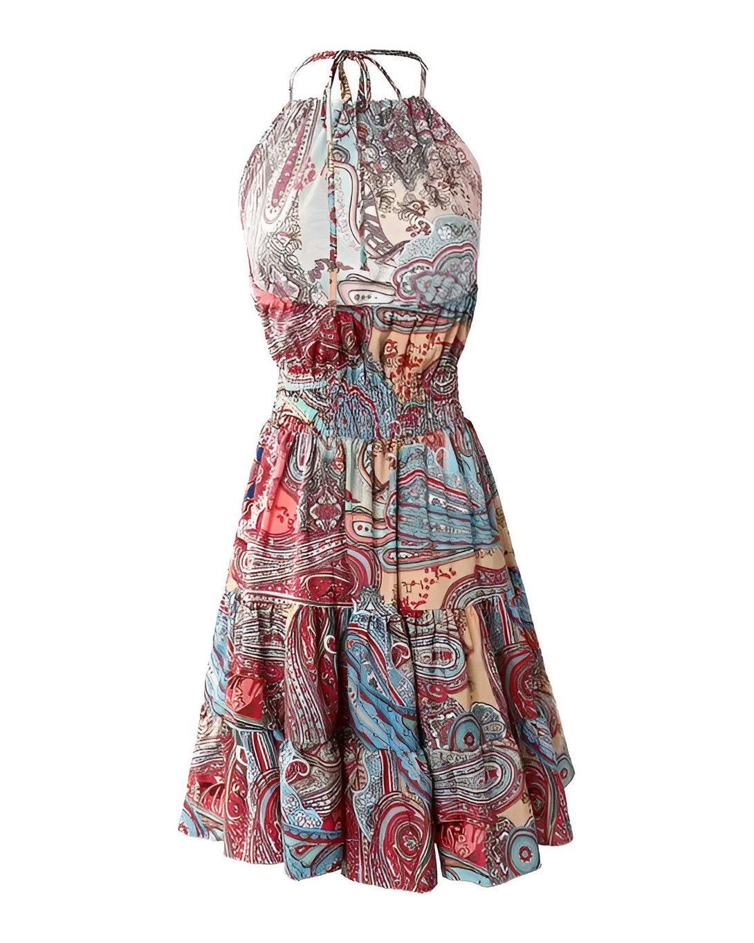 Une robe trapèze courte à fines bretelles, dos nu, taille haute froncée et imprimé cachemire coloré.