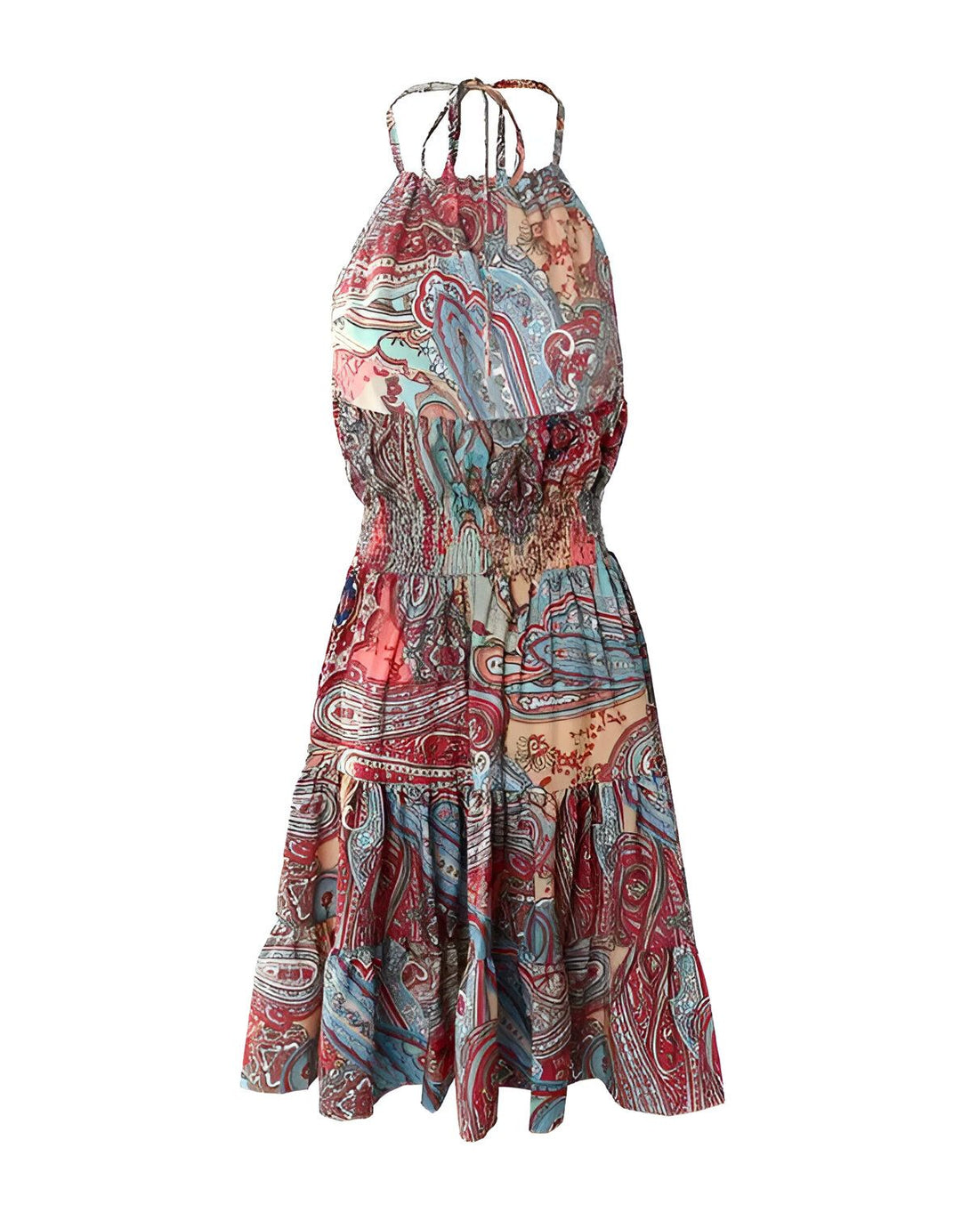 Une robe trapèze courte à fines bretelles, dos nu, taille élastiquée et imprimé cachemire coloré.