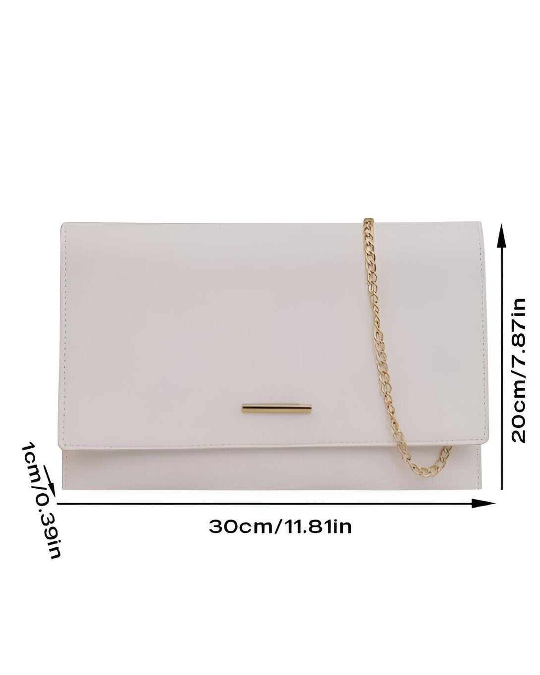 Une image d'un sac à main blanc avec une chaîne en or. Le sac à main est de 30 cm de large et 20 cm de haut.