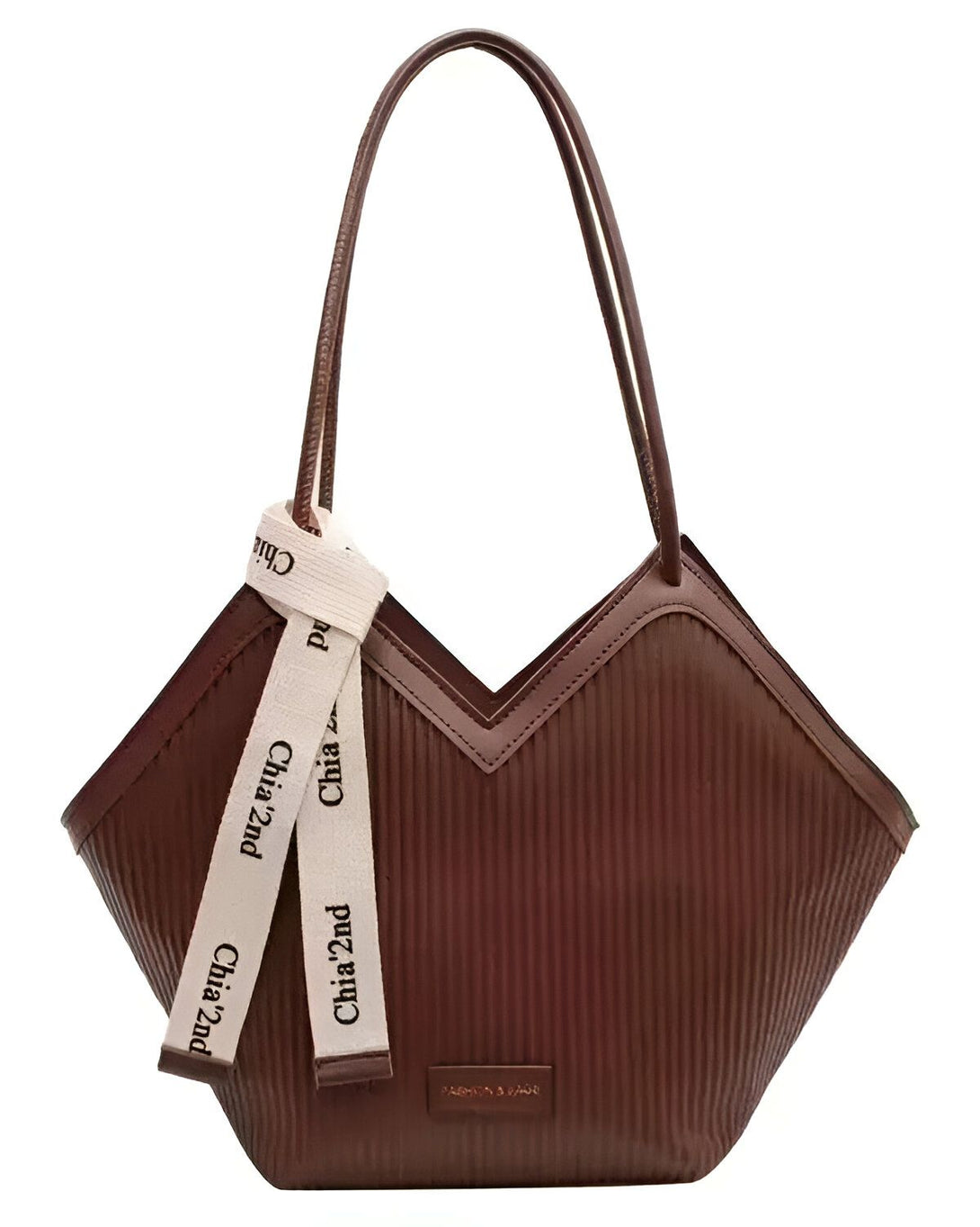 Un sac à main marron avec une anse et un ruban blanc avec le logo "Chia 2nd" dessus.