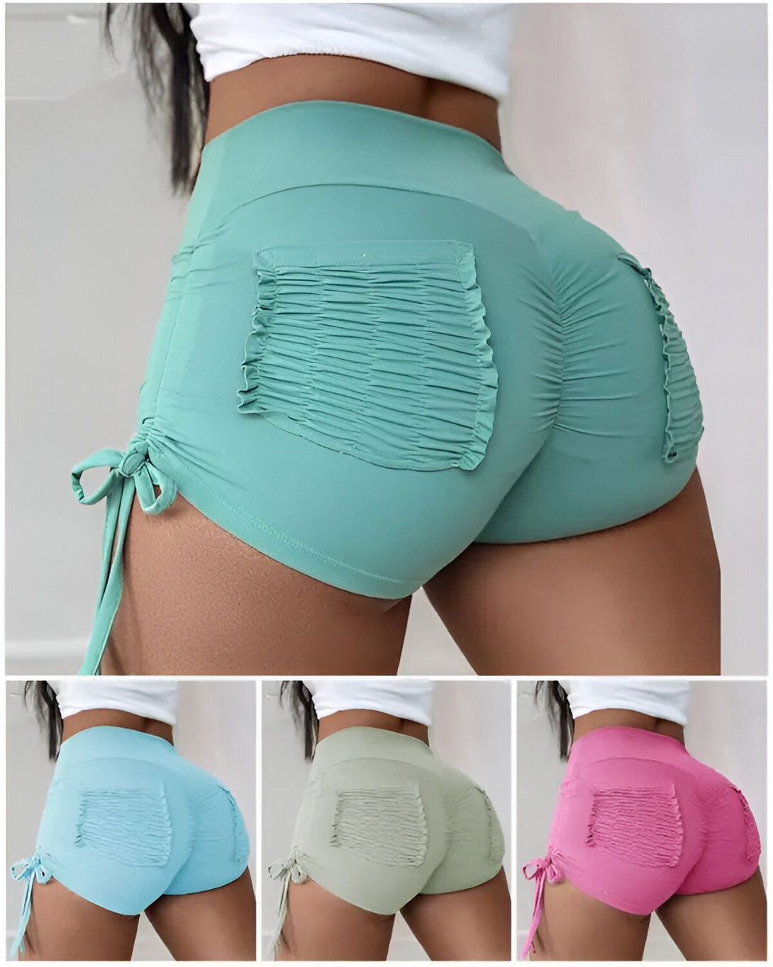 Le mannequin porte un short de sport moulant vert avec des détails froncés et des cordons de serrage sur les côtés. Le short est disponible en trois couleurs : bleu clair, vert et rose.