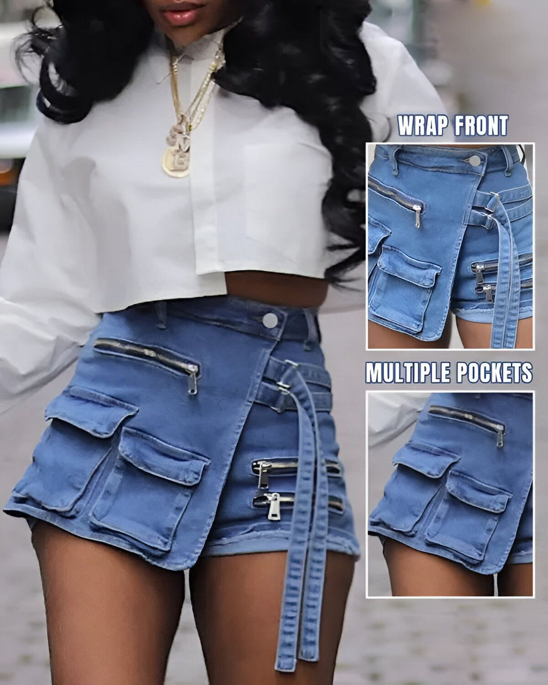 Une femme porte un short en jean bleu avec plusieurs poches et une ceinture. Le short est taille haute et a une coupe ajustée. La femme porte également un haut blanc court et des talons hauts.