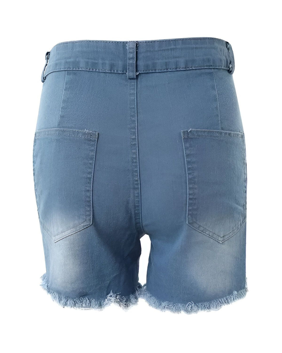 Le dos d'un short en jean bleu clair taille haute avec des poches et des ourlets effilochés.