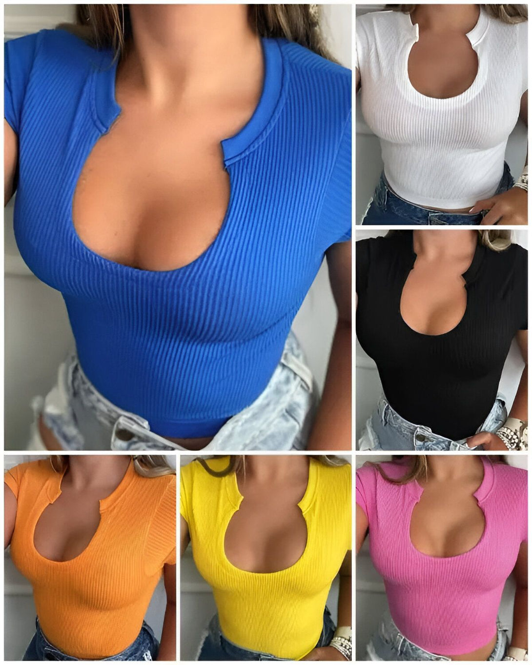 Cinq femmes portent des hauts courts côtelés de différentes couleurs. Les hauts courts sont tous ajustés et ont un col montant. Les femmes sont toutes jeunes et ont des silhouettes fines. Les hauts courts sont disponibles dans une variété de couleurs, y compris le bleu, le blanc, le noir, l'orange, le jaune et le rose.