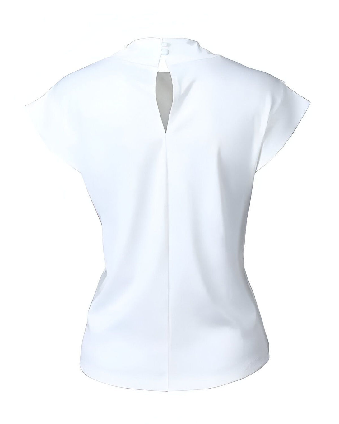 Chemisier blanc avec un col montant et des manches courtes. Il est cintré à la taille et possède une ouverture en forme de goutte d'eau dans le dos.