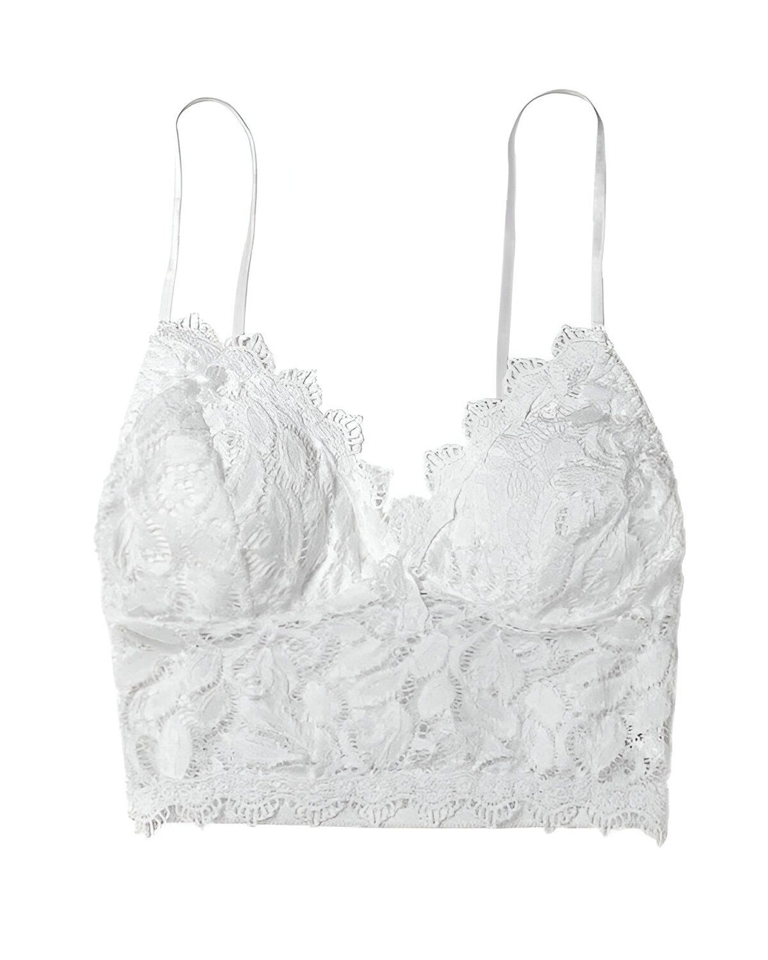 Un soutien-gorge triangle blanc en dentelle avec des bretelles spaghetti.
