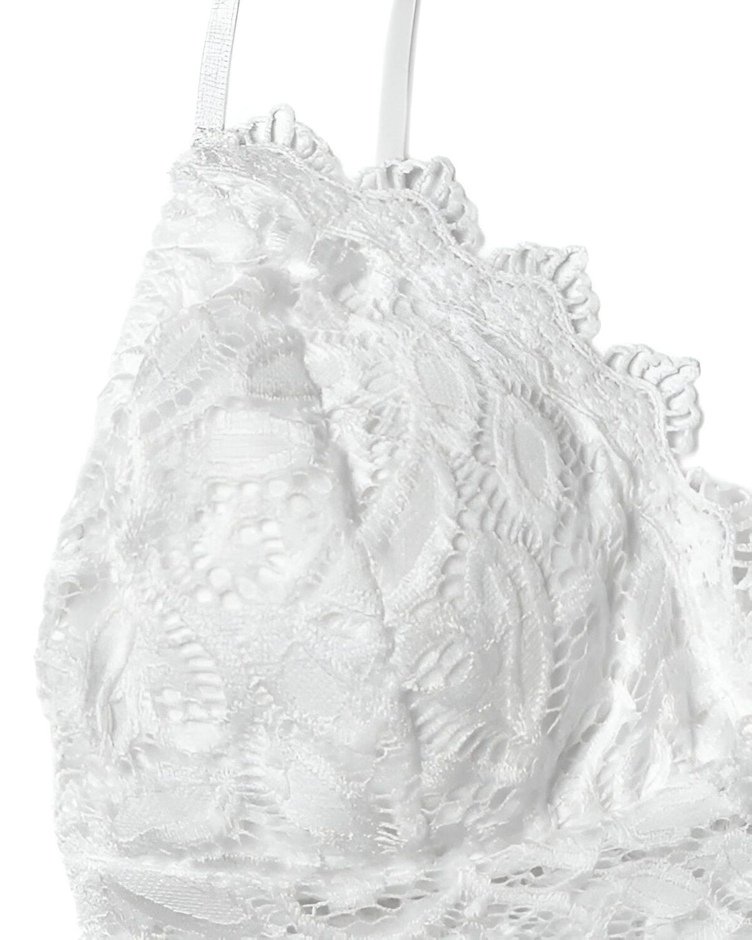 Soutien-gorge triangle en dentelle blanche avec des bonnets en mousse et des bretelles fines.