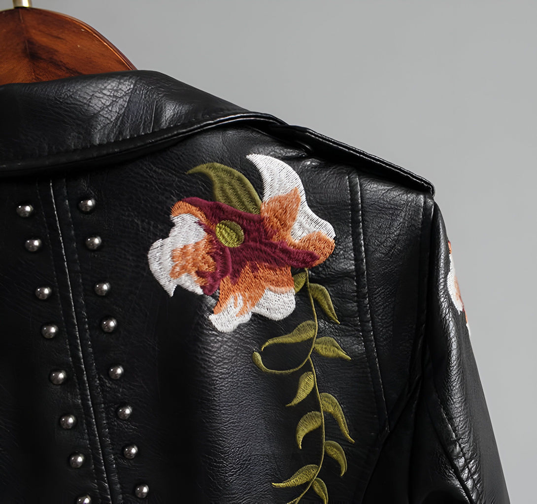 Veste Femme Cuir Broderie Florale
