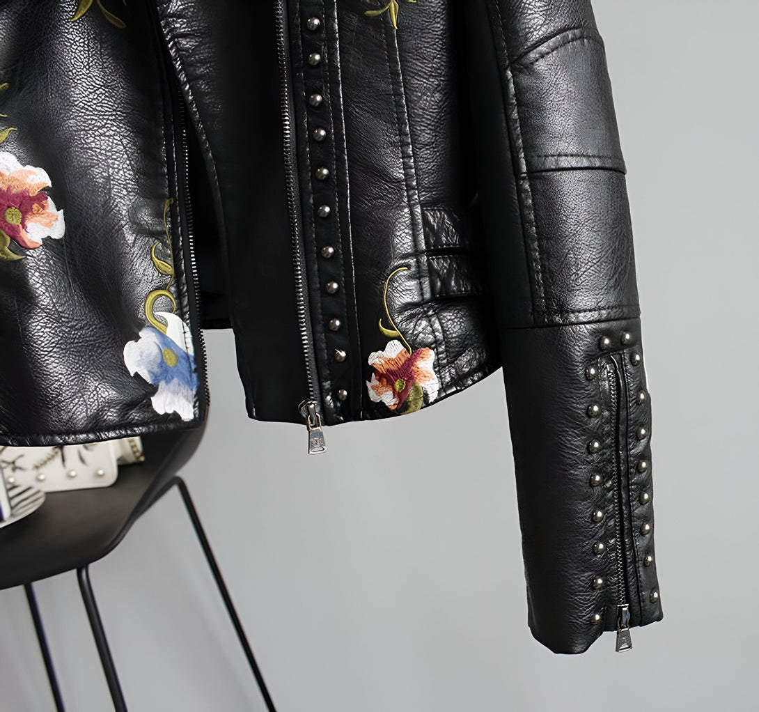 Veste Femme Cuir Broderie Florale
