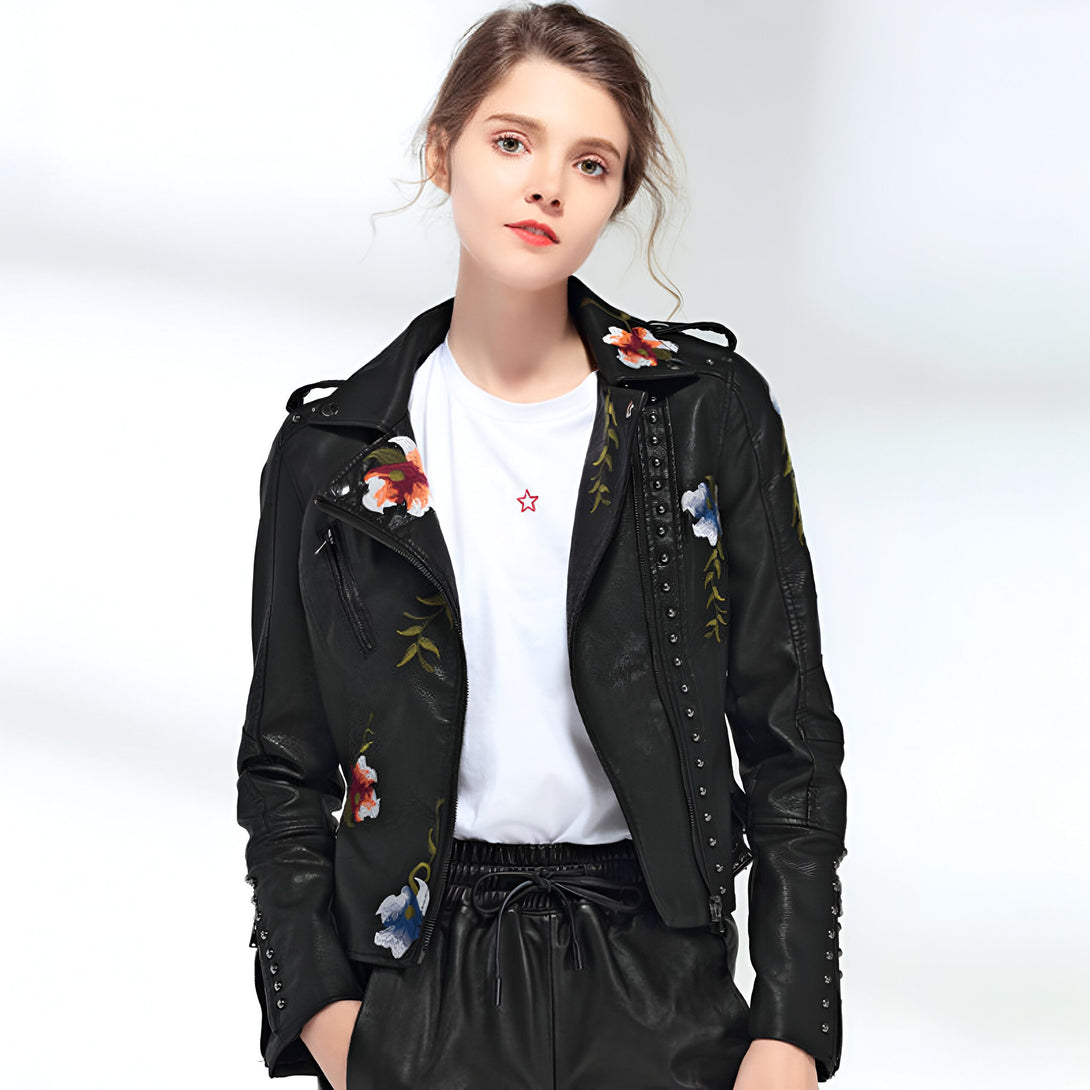 Veste Femme Cuir Broderie Florale
