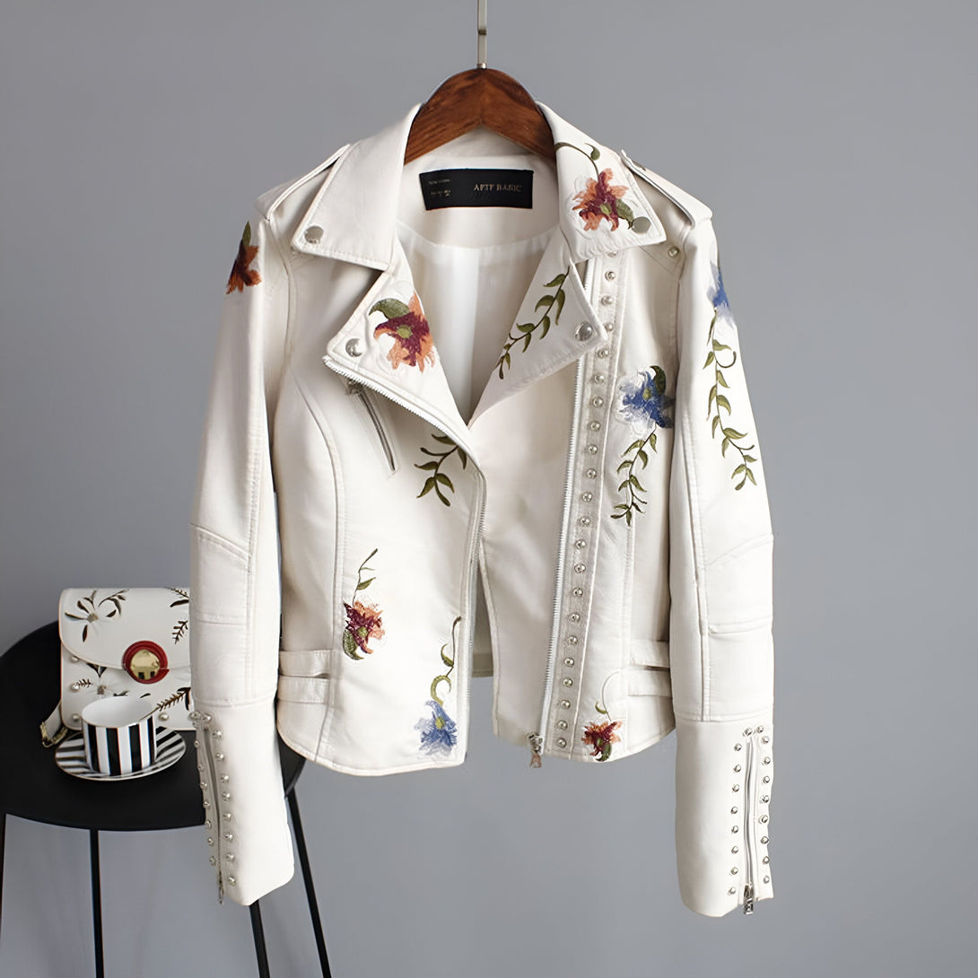 Veste Femme Cuir Broderie Florale
