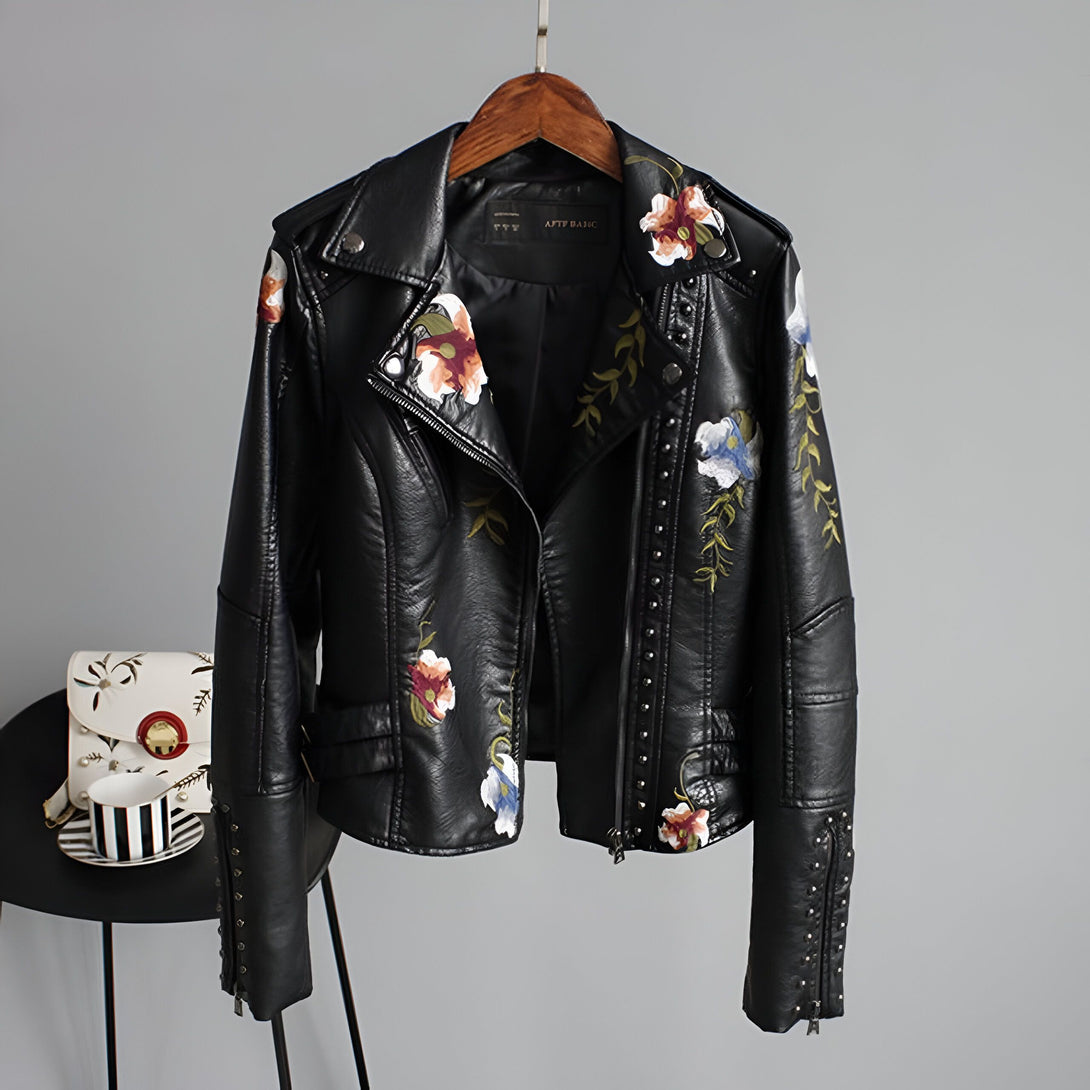 Veste Femme Cuir Broderie Florale
