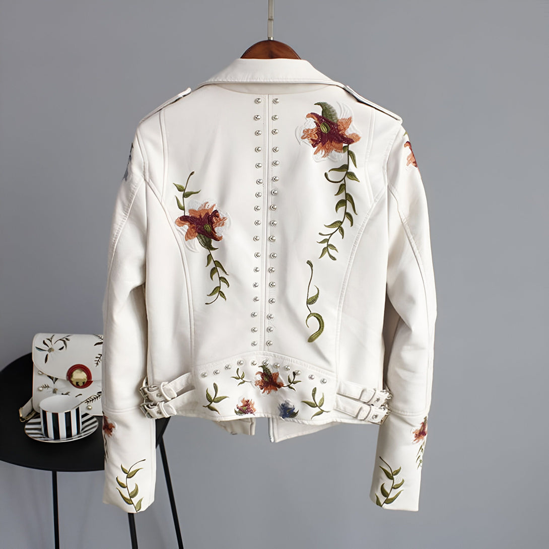 Veste Femme Cuir Broderie Florale
