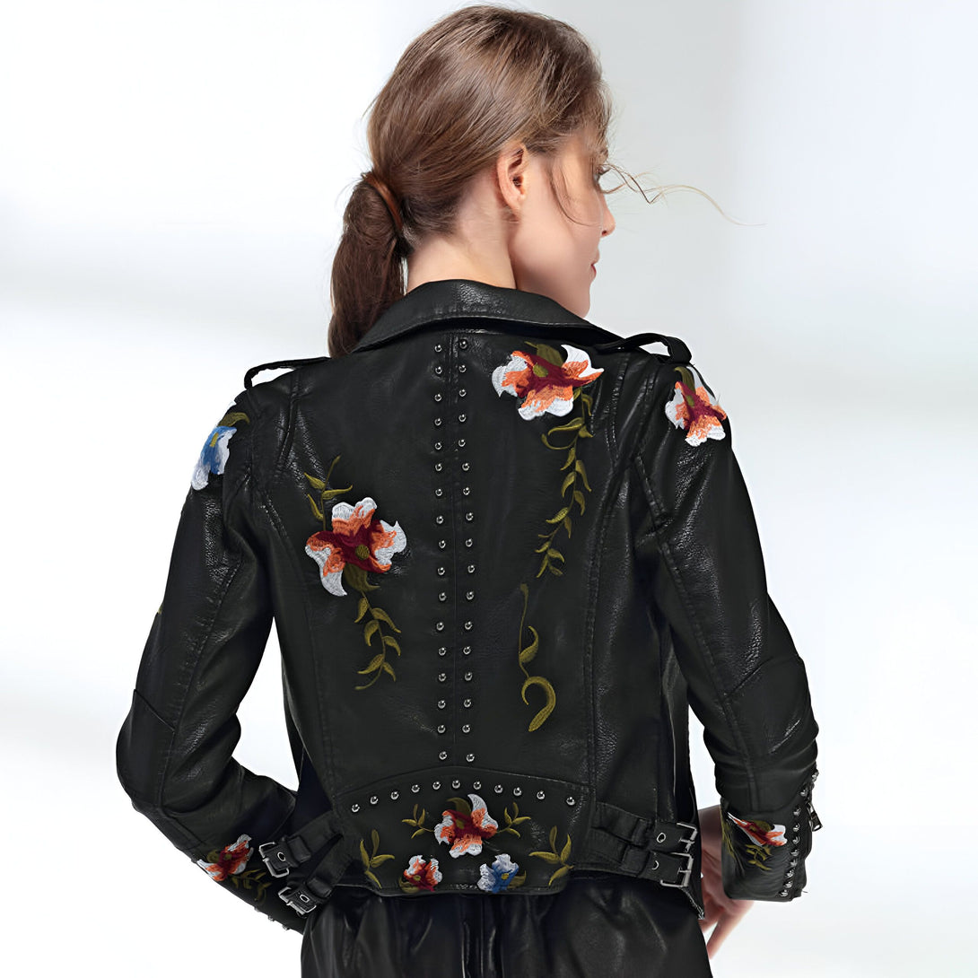 Veste Femme Cuir Broderie Florale

