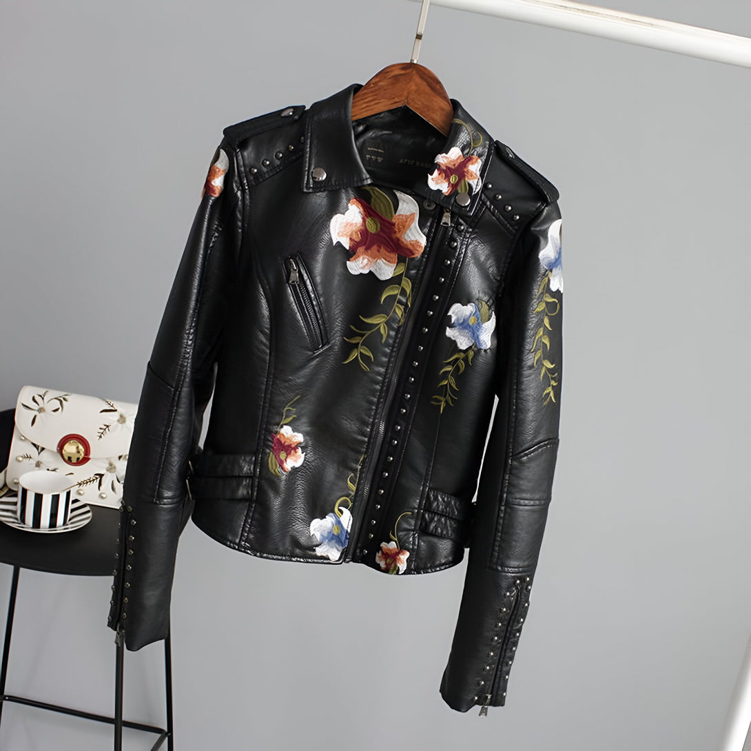 Veste Femme Cuir Broderie Florale
