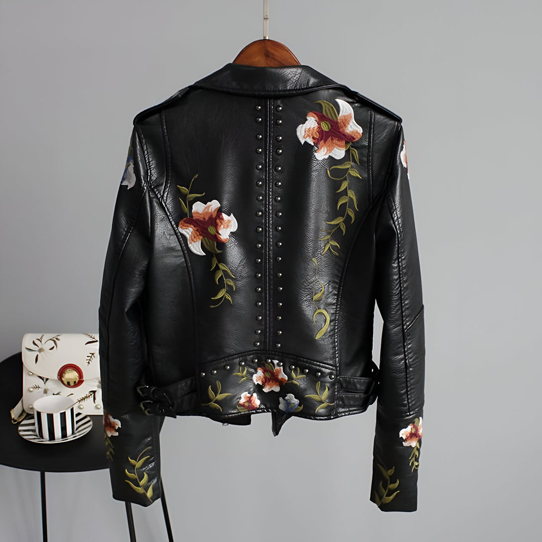 Veste Femme Cuir Broderie Florale
