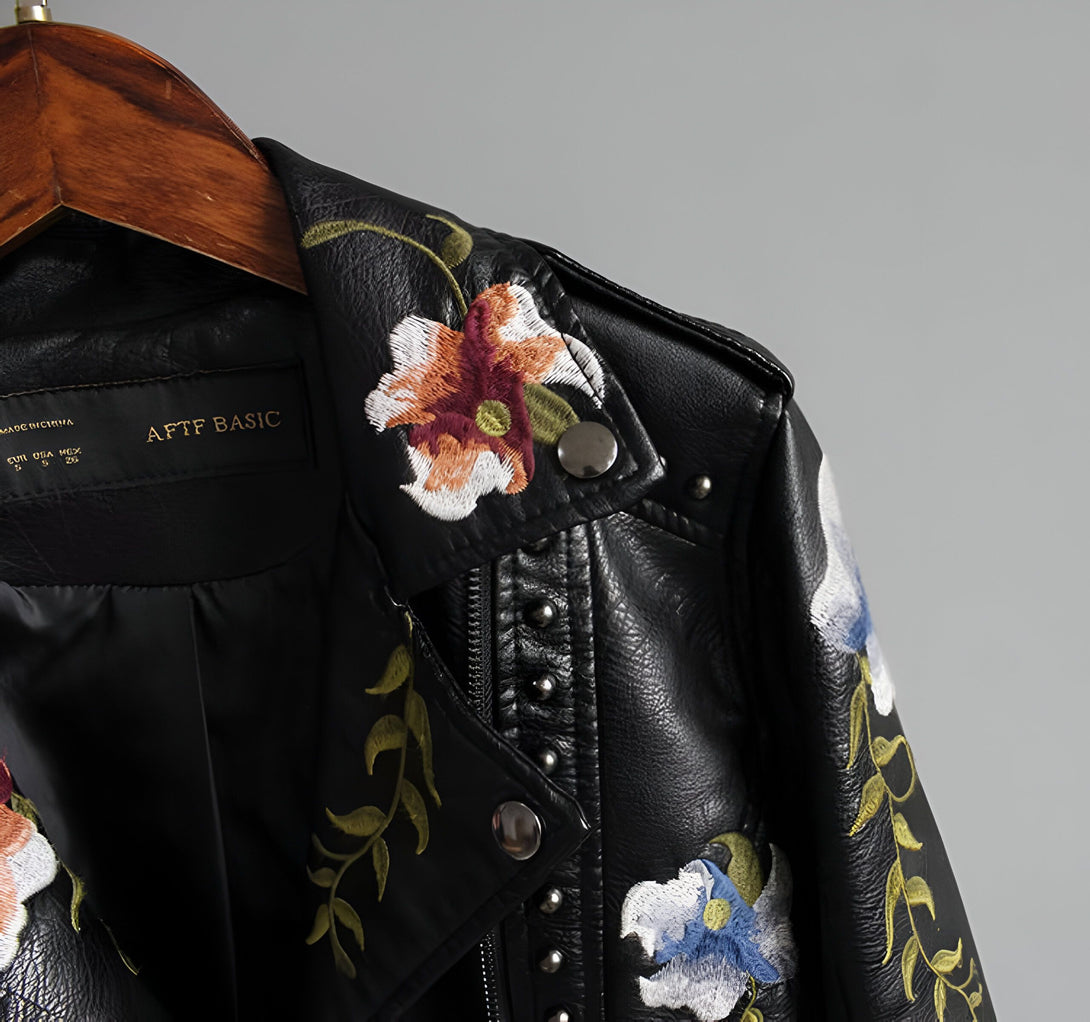 Veste Femme Cuir Broderie Florale

