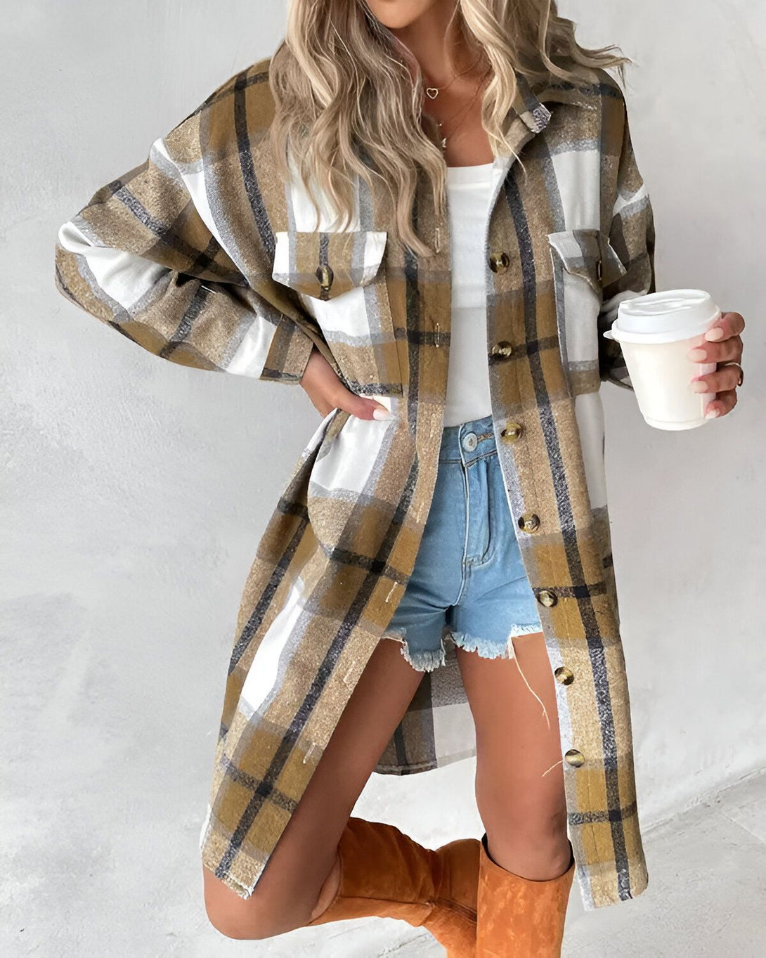 Veste longue boutonnée à imprimé écossais et poche